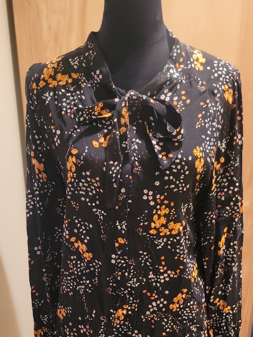 Zadig & Voltaire Black Floral Tie-Neck Blouse with Yellow and White Flowers